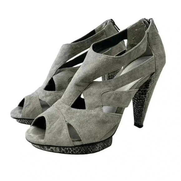 Attitude Strappy Chunky Platform Heels Caged Open Toe Shoe Y2K Faux Suede Grey 7 - Picture 4 of 15